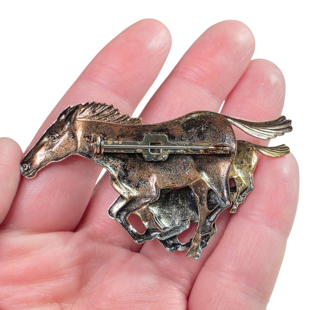 Vintage Tri Metal Running Horses Brooch Pin Equestrian Boho Southwestern - Picture 5 of 6